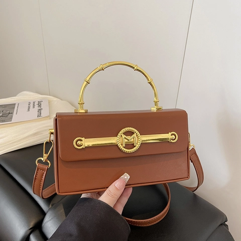 Damen Mode PU Leder Box Umhängetasche Vintage Metall Bambusgriff M Buchstabenverschluss Handtasche Kleine Quadratische Tasche