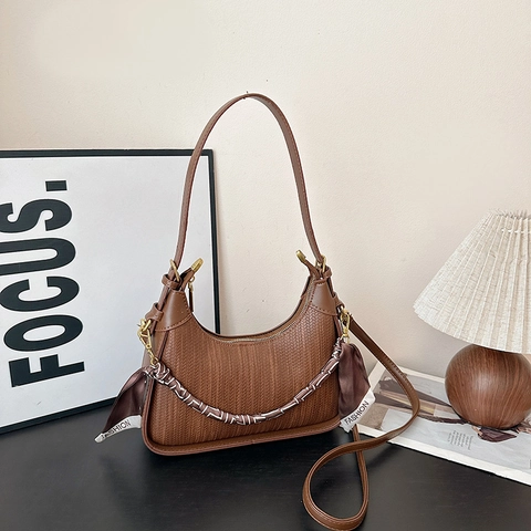 Woven Texture PU Leather Hobo Bag Women Crescent Underarm Shoulder Crossbody Bag With Satin Scarf Decor