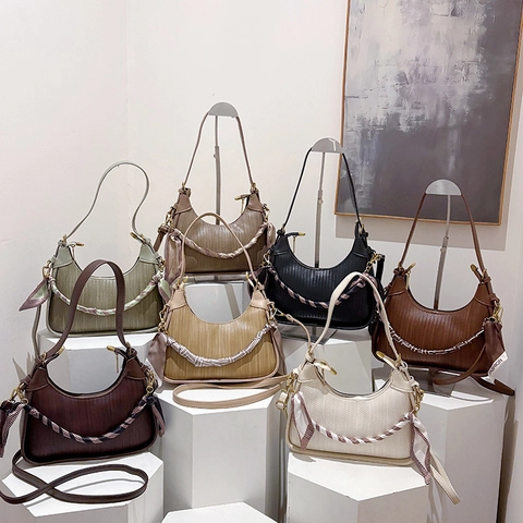Woven Texture PU Leather Hobo Bag Women Crescent Underarm Shoulder Crossbody Bag With Satin Scarf Decor