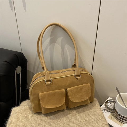 Bolso de Hombro Vintage PU Aspecto Gamuza para Mujer Bolso de Axila Gran Capacidad Retro Doble Bolsillos Bolso de Mano con Cremallera
