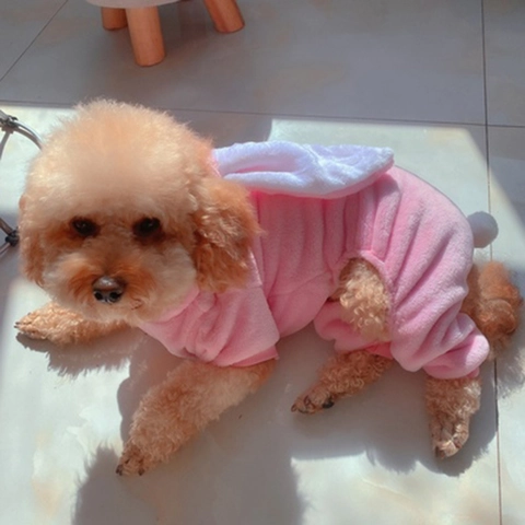 Zachte Pet Jumpsuit Van Koraalvlies Roze Konijnen Kostuum Lange Konijnenoren Met Capuchon Warme Huisdierkleding