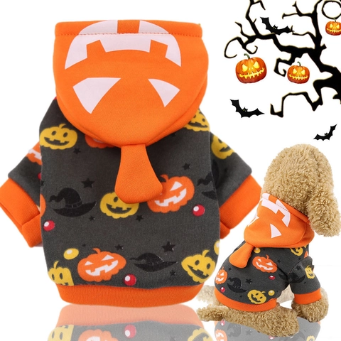Felpa Con Cappuccio Halloween Per Animali Pile Caldo Stampa Zucca Cappello Da Mago Costume Piccoli Cani Gatti Cuccioli Autunno Inverno