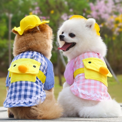 Cartoon Little Duck Plaid Dog Clothing With Hat Daisy Print Pet Shirt Cotton Blend Breathable Summer Puppy Apparel For Dogs Cats