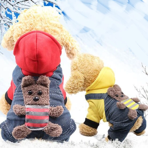 Tuta Per Cani Animali Domestici Inverno Caldo Spessa Pile Cappuccio Salopette Di Jeans Con Orsetto Di Peluche 3D