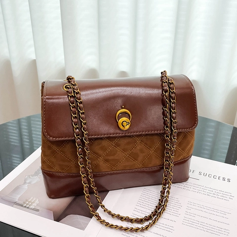 Borsa Tracolla Trapuntata Donna Pelle PU Camoscio Giunzione Cinturino Catena Borsa Spalla Vintage Grande Capacità Serratura Metallo