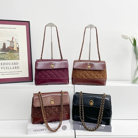 Borsa Tracolla Trapuntata Donna Pelle PU Camoscio Giunzione Cinturino Catena Borsa Spalla Vintage Grande Capacità Serratura Metallo