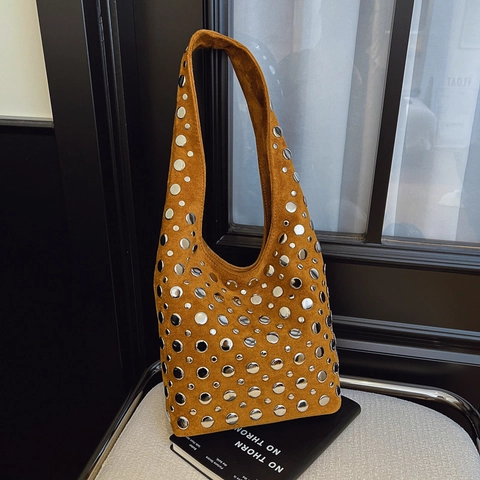 Borsa a Spalla da Donna Vintage Punk con Borchie in Camoscio Hobo Bucket Bag Sottobraccio in Finta Pelle Scamosciata per Pendolari