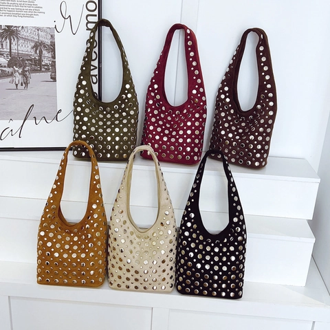 Borsa a Spalla da Donna Vintage Punk con Borchie in Camoscio Hobo Bucket Bag Sottobraccio in Finta Pelle Scamosciata per Pendolari