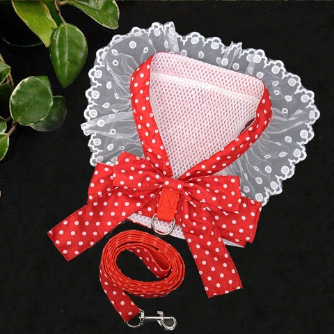 Pet Harness And Leash Polka Dot Floral Lace Bowknot Cloth Mesh Breathable Walking For Small Medium Dogs Cats
