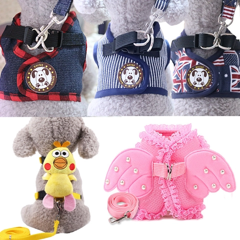 Pet Dog Cat Harness And Leash Denim Cotton Mesh Breathable Adjustable Angel Wings Cartoon Stripes British Flag Style