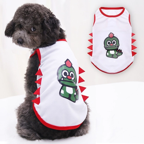 Cartoon Dinosaur Pet Vest Breathable Mesh Summer Dog Clothes For Small Dogs Cats Puppy Soft Comfortable Sleeveless T-Shirt Red Contrast Trim Outdoor Pet Supplies