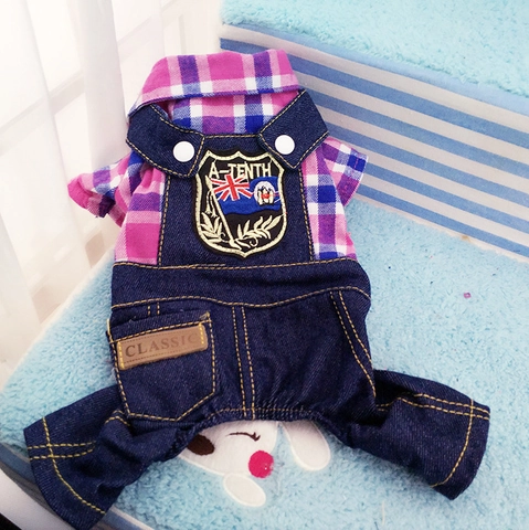 Pet Dog Plaid Shirt Denim Jumpsuit Four Legged Cotton Overalls British Style Clothes Puppy Small Medium Cats