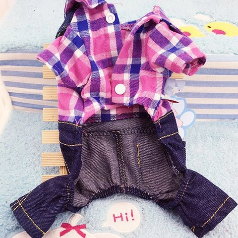 Pet Dog Plaid Shirt Denim Jumpsuit Four Legged Cotton Overalls British Style Clothes Puppy Small Medium Cats