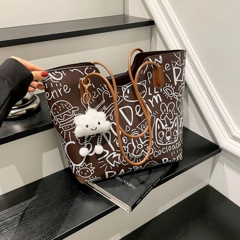 Graffiti Doodle PU Leather Tote Bag Large Capacity Casual Shoulder Bag For Women Underarm Style Streetwear Cartoon Printed