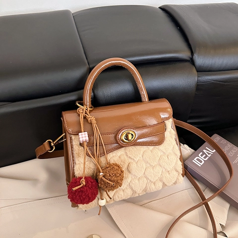 Vintage Plush Leather Patchwork Kelly Bag For Women Heart Embossed Faux Fur Handbag With Pom Pom Charm Crossbody Shoulder Bag