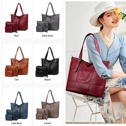 Women Vintage PU Leather Tote Crossbody Bag And Pouch Large Capacity Grid Stitching Shoulder Handbag For Travel Work