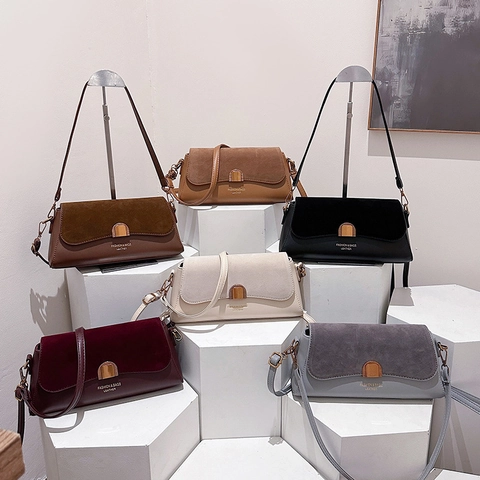Borsa A Tracolla Retro Francese Da Donna Pelle PU Cuciture Camoscio Chiusura In Metallo Borsa Baguette Di Nicchia