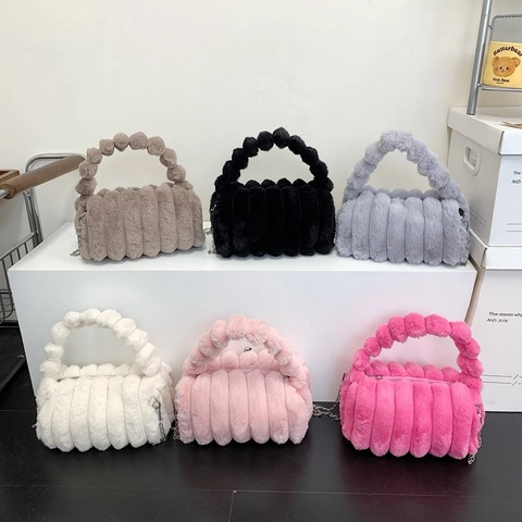 Damen Kunstfell Plüsch Kissentasche Mit Süßem Pelzball Griff Gestreifte Weiche Umhängetasche Kette Crossbody Bag Herbst Winter