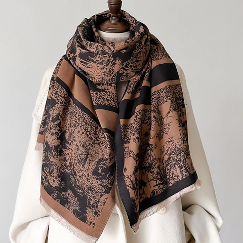Damen Vintage Toile De Jouy Druck Schal Stola Dick Warm Kaschmir-Imitat Fransen Retro Floral Elegant