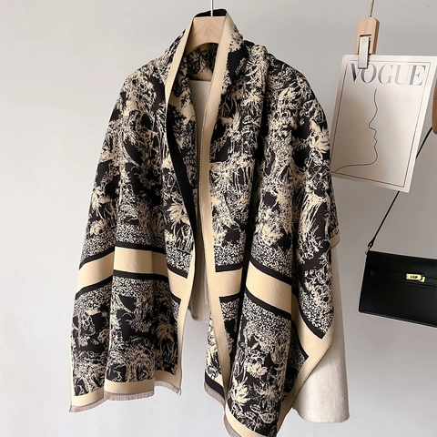 Damen Vintage Toile De Jouy Druck Schal Stola Dick Warm Kaschmir-Imitat Fransen Retro Floral Elegant