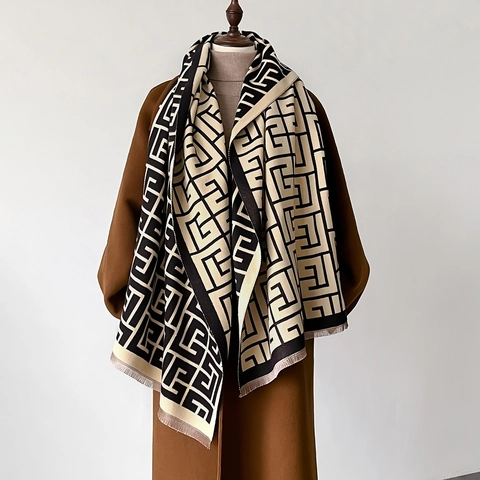 Winterschal Schultertuch Kaschmir Imitat Geometrisches Muster Lang Dick Warm Mit Fransen Für Damen Herbst Elegant
