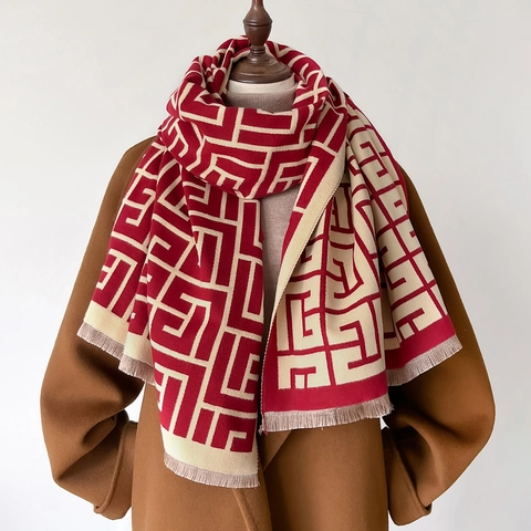 Winterschal Schultertuch Kaschmir Imitat Geometrisches Muster Lang Dick Warm Mit Fransen Für Damen Herbst Elegant