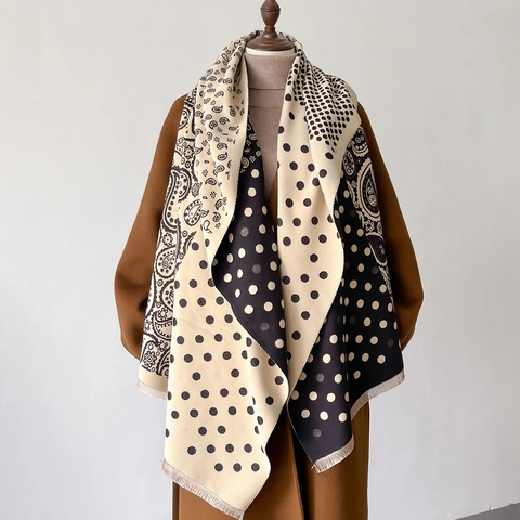 Sciarpa Vintage Paisley a Pois per Donna Imitazione Cashmere Invernale Calda Spessa Scialle Blocchi di Colore Frangia Grande 186x66cm