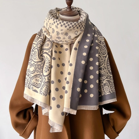 Sciarpa Vintage Paisley a Pois per Donna Imitazione Cashmere Invernale Calda Spessa Scialle Blocchi di Colore Frangia Grande 186x66cm