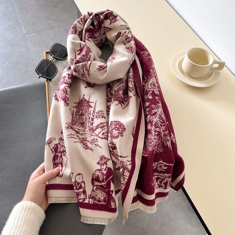 Sciarpa Scialle Invernale Imitazione Cashmere Caldo Vintage Toile De Jouy Motivo Con Nappine Per Donna