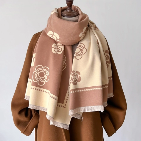 Écharpe Châle En Faux Cachemire Motif Camélia Pour Femmes Épais Chaud Hiver Longue Tassel Enveloppement Élégant