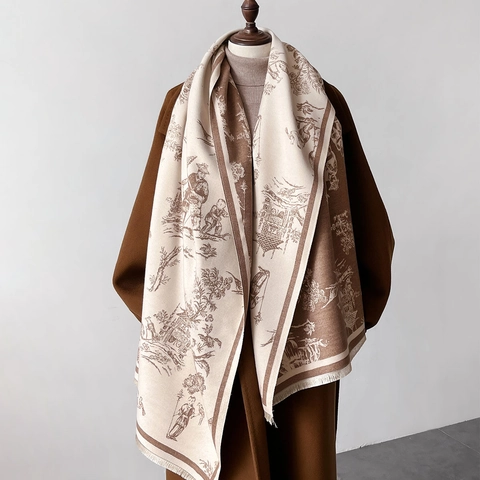Sciarpa Scialle Invernale Imitazione Cashmere Caldo Vintage Toile De Jouy Motivo Con Nappine Per Donna