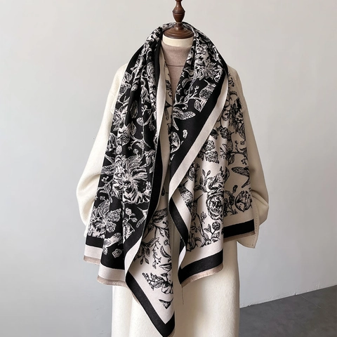 Winter Schal Stola Damen Retro Blumen Vogel Druck Kaschmir-Imitat Warm Dick Winddicht Elegant Fransen Tuch Herbst Accessoire