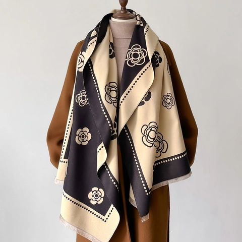 Écharpe Châle En Faux Cachemire Motif Camélia Pour Femmes Épais Chaud Hiver Longue Tassel Enveloppement Élégant