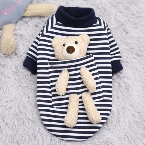 Sweat À Capuche Rayé Pour Chien Chaud En Polaire Polyester Avec Décor Ours En Peluche Pour Petits Chiens Chats Chiot Vêtement Décontracté