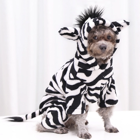 Costume Da Zebra Per Animali Domestici Tuta Cane Gatto A Righe Bianche E Nere Flanella Pile Con Cappuccio Morbido Caldo Inverno