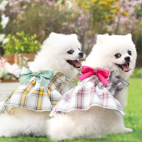 Robe à Carreaux Princesse pour Chien avec Grand Nœud et Volants Jupe Tutu pour Chiot et Chat Vêtements d'Été pour Petits et Moyens Chiens