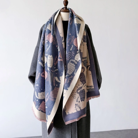 Sciarpa Calda Invernale in Cashmere Sintetico da Donna Simpatico Modello di Gatto Cartoon Nappa Bifacciale Scialle Lungo Moda