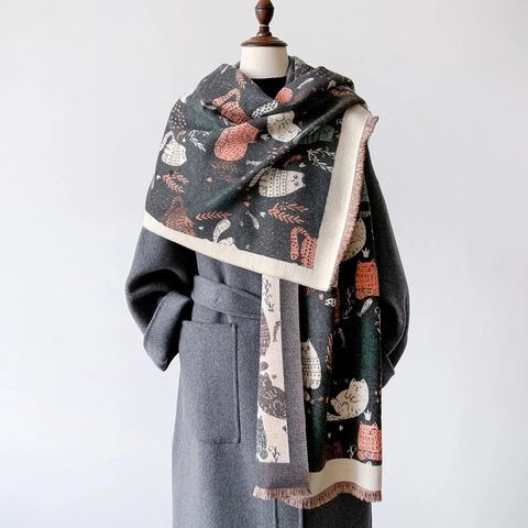 Sciarpa Invernale Scialle Double Face Imitazione Cashmere Spesso Caldo Motivo Gatto Jacquard Frange Donna