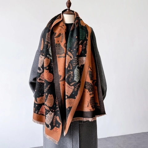 Sciarpa Invernale Scialle Double Face Imitazione Cashmere Spesso Caldo Motivo Gatto Jacquard Frange Donna