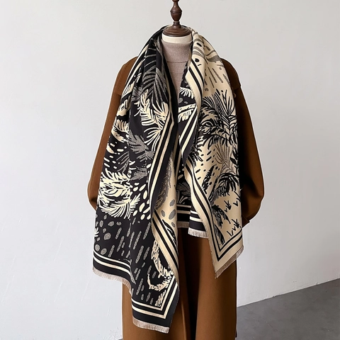 Sciarpa Donna Spessa Imitazione Cachemire Calda Inverno Scialle Jacquard Motivo Foglia Palma Reversibile Frange Elegante