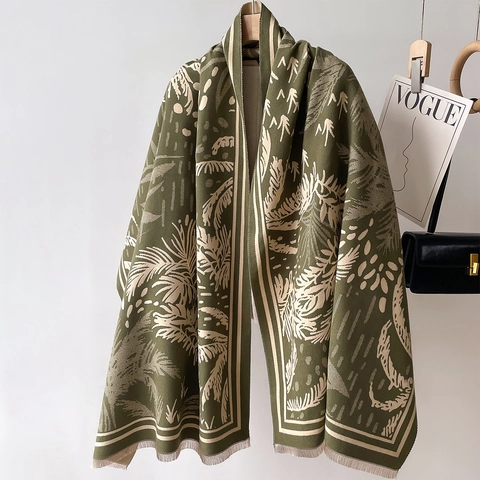 Sciarpa Donna Spessa Imitazione Cachemire Calda Inverno Scialle Jacquard Motivo Foglia Palma Reversibile Frange Elegante