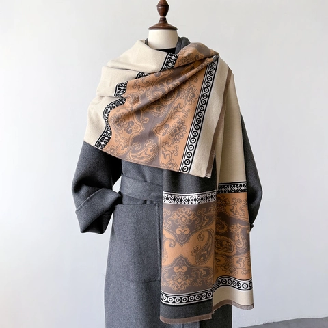 Sciarpa Scialle In Finta Cashmere Spessa Calda Doppia Faccia Motivo Paisley Nappine Per Donna Inverno Elegante