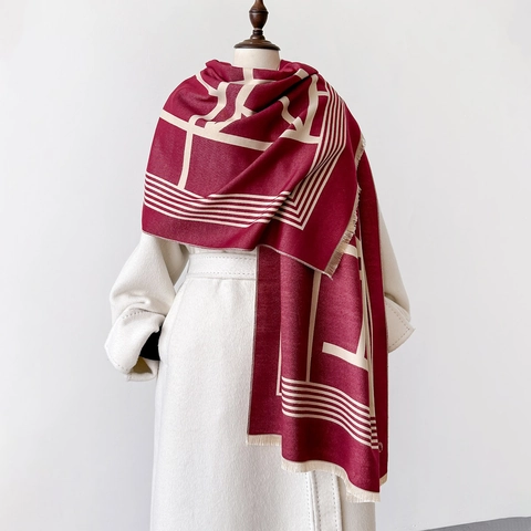 Sciarpa Scialle Invernale Da Donna Imitazione Cashmere Motivo Geometrico Lettere Spessa Calda Frange Elegante Versatile