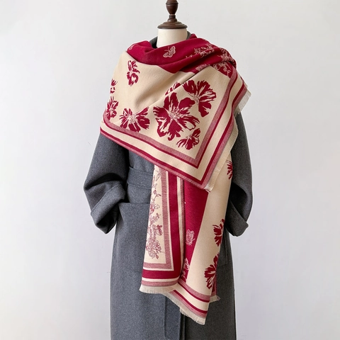 Sciarpa Scialle Vintage Con Stampa Floreale E Farfalle In Imitazione Cashmere Caldo E Spesso Con Nappine
