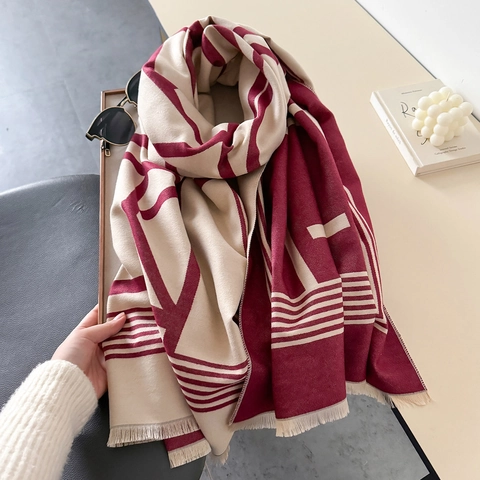 Sciarpa Scialle Invernale Da Donna Imitazione Cashmere Motivo Geometrico Lettere Spessa Calda Frange Elegante Versatile