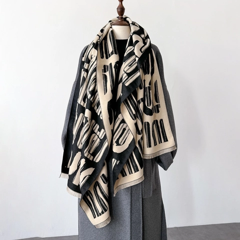 Sciarpa Scialle Da Donna Spessa Calda Imitazione Cashmere Doppia Faccia Stampa Geometrica Astratta Frange Inverno