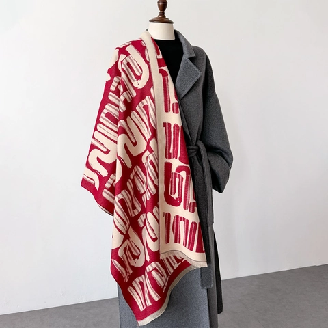 Sciarpa Scialle Da Donna Spessa Calda Imitazione Cashmere Doppia Faccia Stampa Geometrica Astratta Frange Inverno