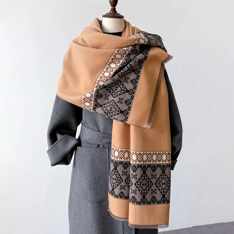 Sciarpa Scialle Invernale Da Donna Imitazione Cashmere Poliestere Ispessita Calda Bifacciale Motivo Geometrico Etnico Con Nappe