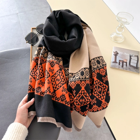 Sciarpa Scialle Invernale Da Donna Imitazione Cashmere Poliestere Ispessita Calda Bifacciale Motivo Geometrico Etnico Con Nappe