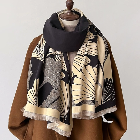 Sciarpa Scialle Invernale Da Donna Spessa Calda Morbida Imitazione Cashmere Jacquard Foglia Di Ginkgo Elegante